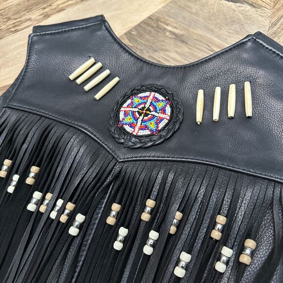 S.P. Leathers Buffalo Nickel Snap Bikers Vest Black Fringe Native Beadwork 10-12 - Picture 8 of 13